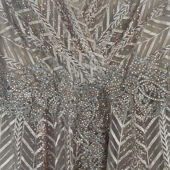 Ieena Mac Duggal - Embellished Illusion Long Sleeve Taupe A-line Gown - Picture 7 of 17